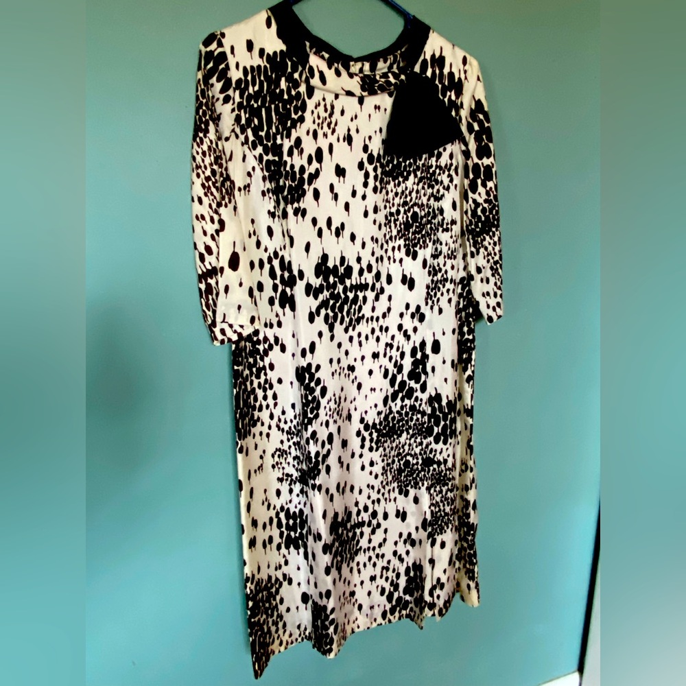 Vintage 1960's Mad Men Silk Cocktail Dress Black/White MCM Art Pattern, Size 12
